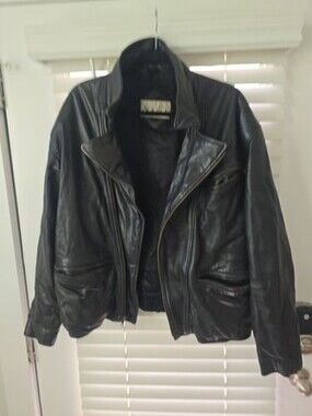 Aggio Black Leather Mens Jacket Full Zipper Large Vintage